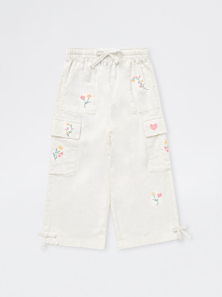 HOP Kids Girls White Embroidered High-Rise Cotton-Blend Trousers