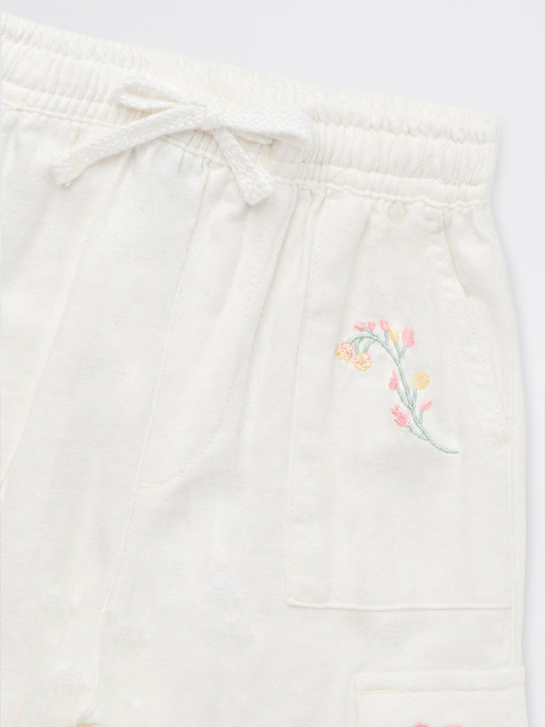 HOP Kids Girls White Embroidered High-Rise Cotton-Blend Trousers