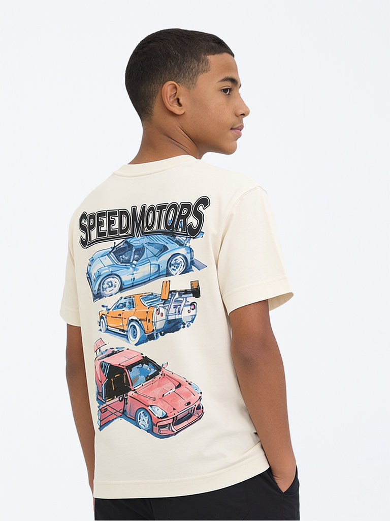 Boys Off-White Graphic Printed Cotton T-Shirt