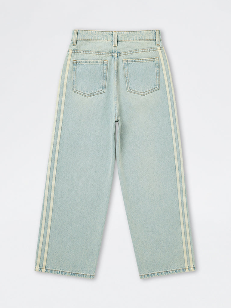 Boys Light Blue Striped Mid-Rise Jeans