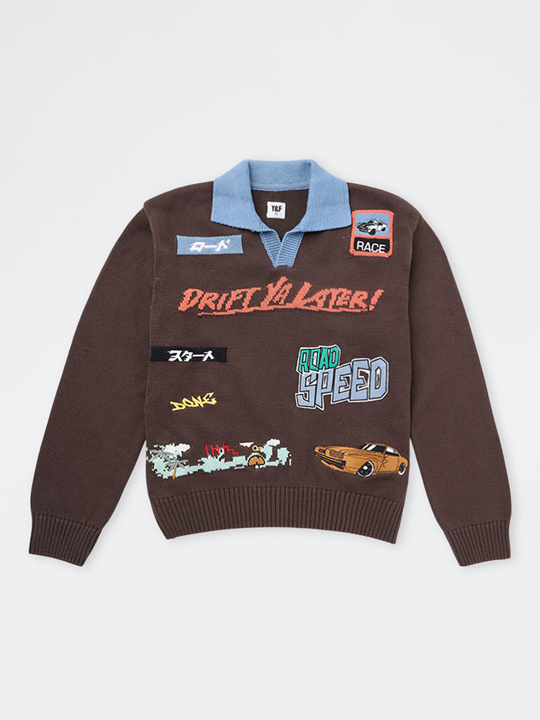 Boys Brown Race-Themed Cotton Sweater