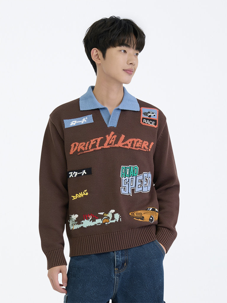 Boys Brown Race-Themed Cotton Sweater
