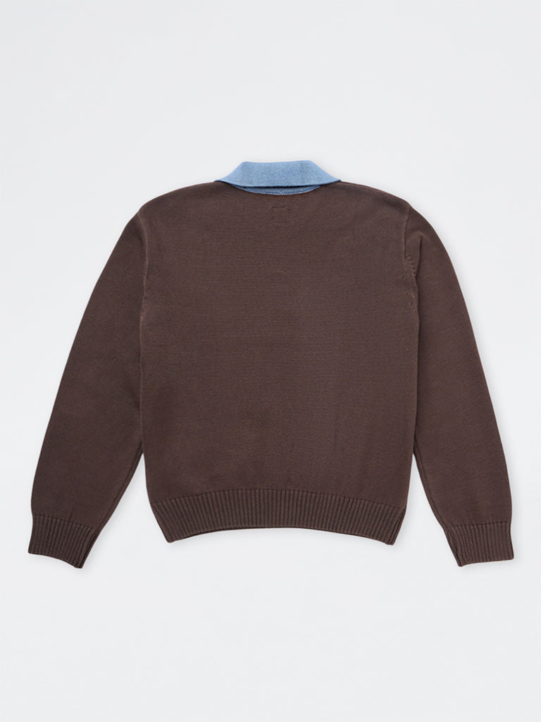 Boys Brown Race-Themed Cotton Sweater