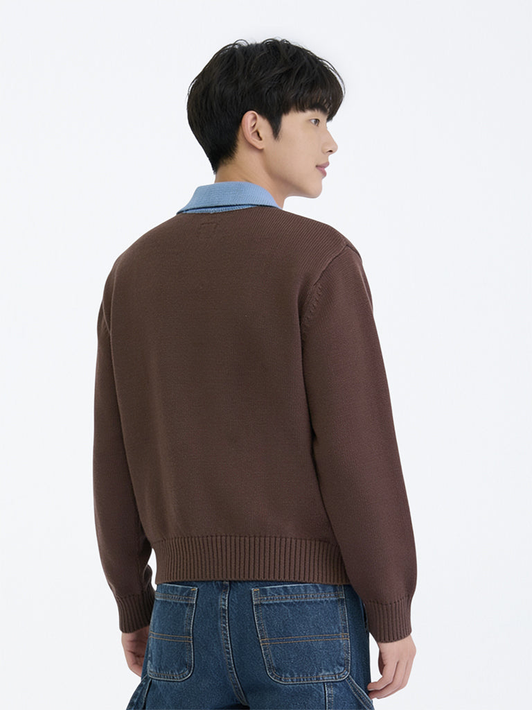 Boys Brown Race-Themed Cotton Sweater