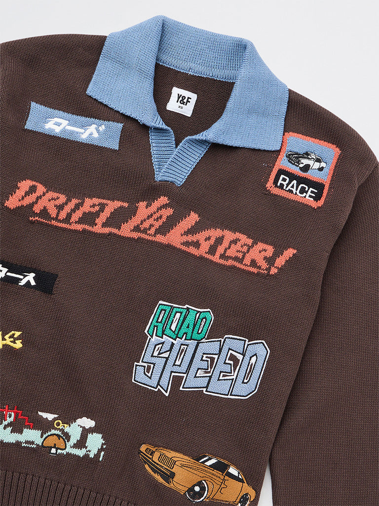 Boys Brown Race-Themed Cotton Sweater