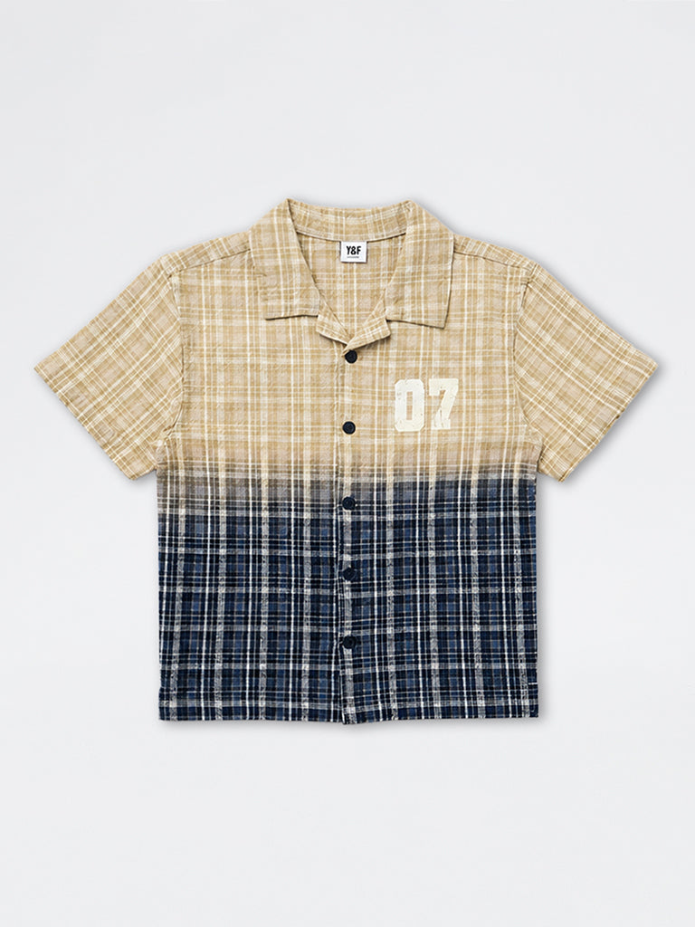 Boys Navy and Beige Ombre Cotton Shirt