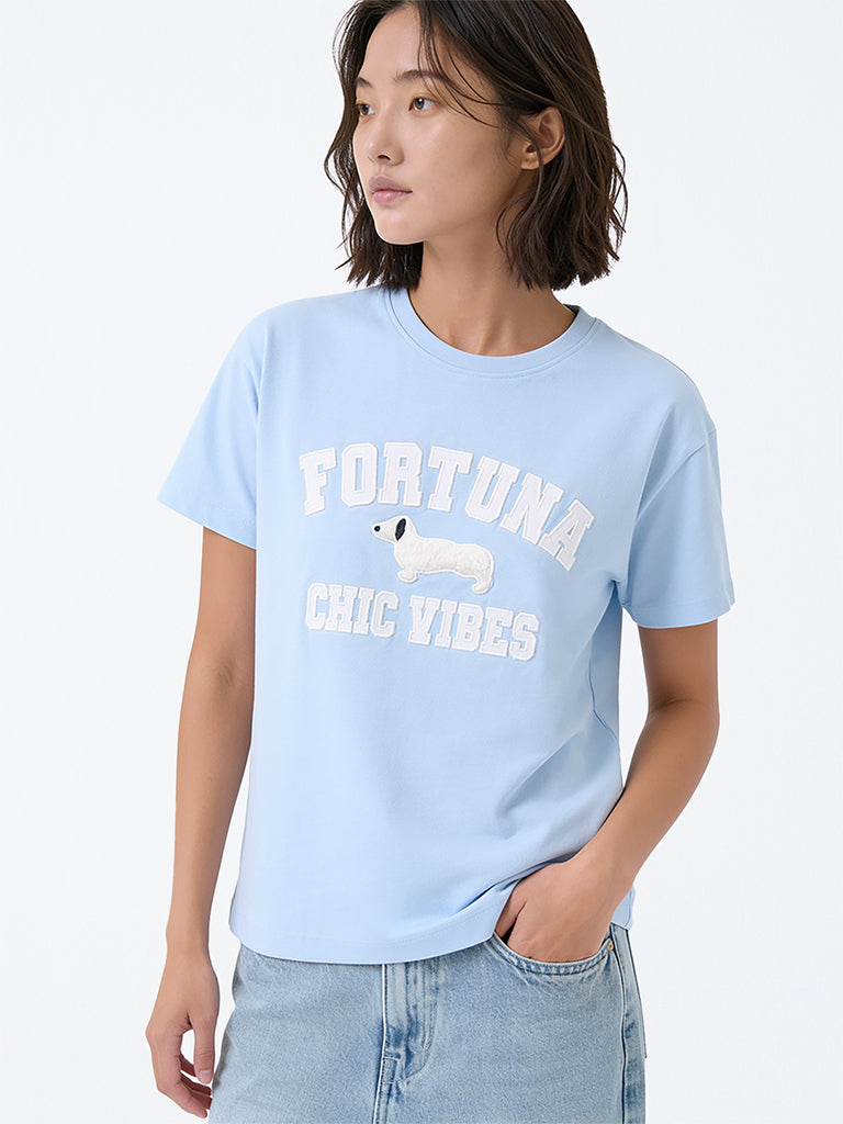 Y&F Kids Girls Light Blue Text Design Cotton T-Shirt