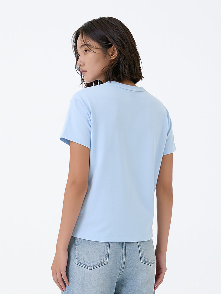Y&F Kids Girls Light Blue Text Design Cotton T-Shirt