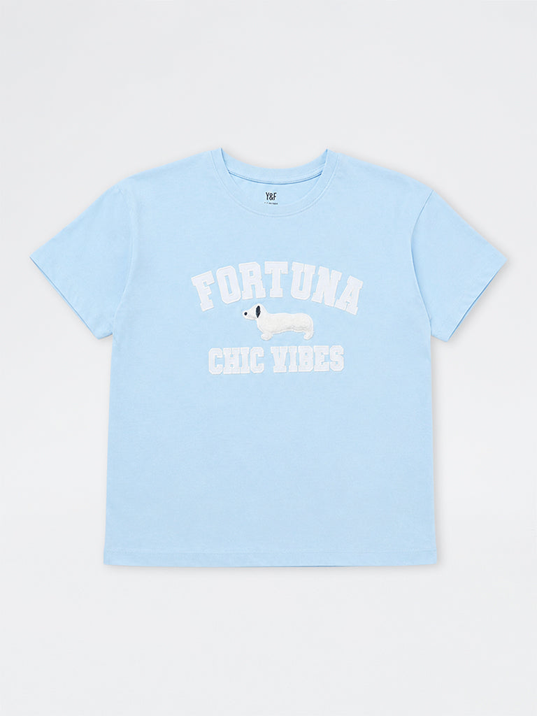 Y&F Kids Girls Light Blue Text Design Cotton T-Shirt