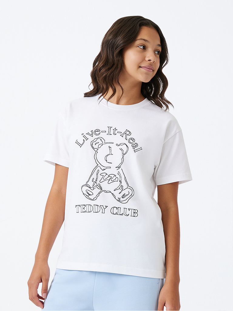 Girls White Teddy Printed Cotton T-Shirt