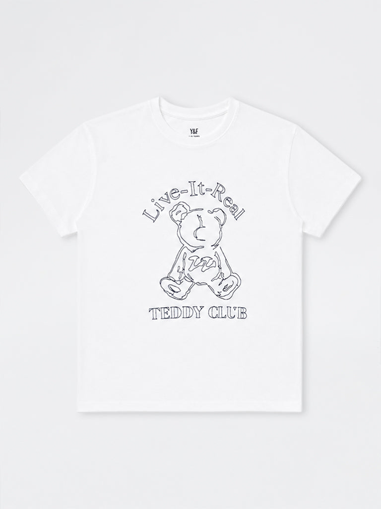 Girls White Teddy Printed Cotton T-Shirt