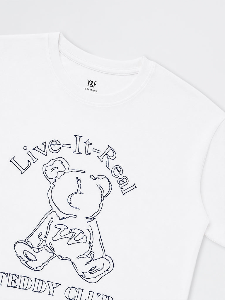 Girls White Teddy Printed Cotton T-Shirt