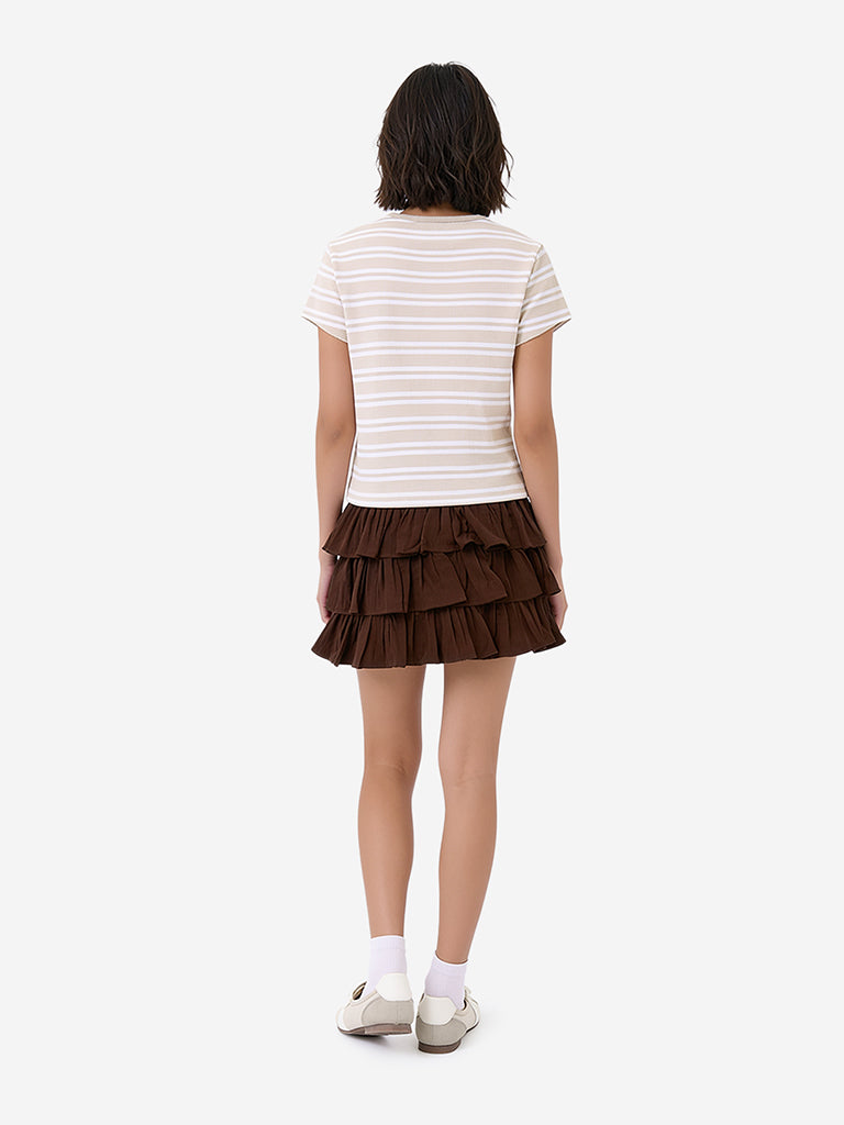 Y&F Kids Girls Dark Brown Tiered High-Rise Cotton Skirt