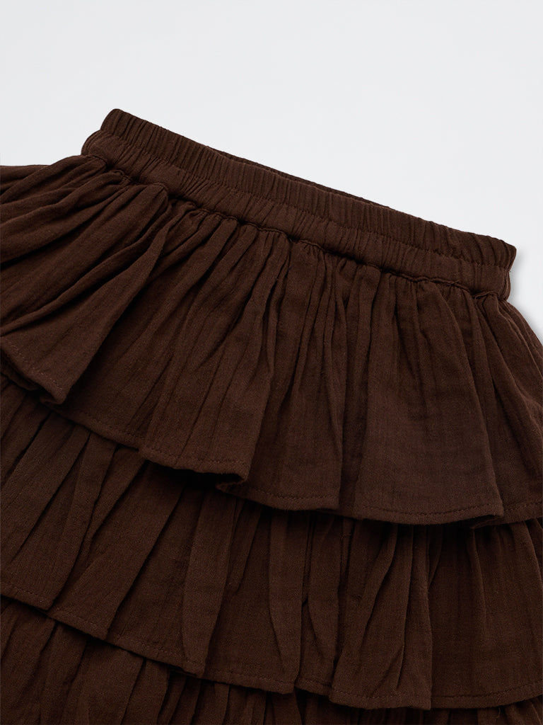 Y&F Kids Girls Dark Brown Tiered High-Rise Cotton Skirt