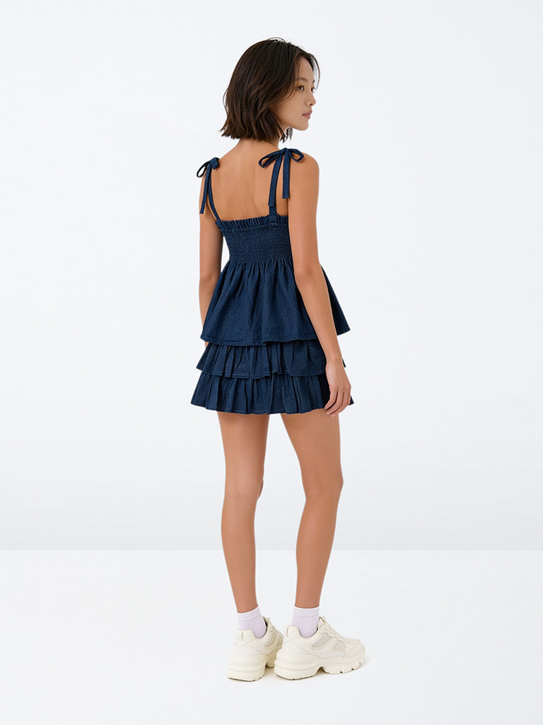Girls Dark Blue Tiered High-Rise Denim Skirt