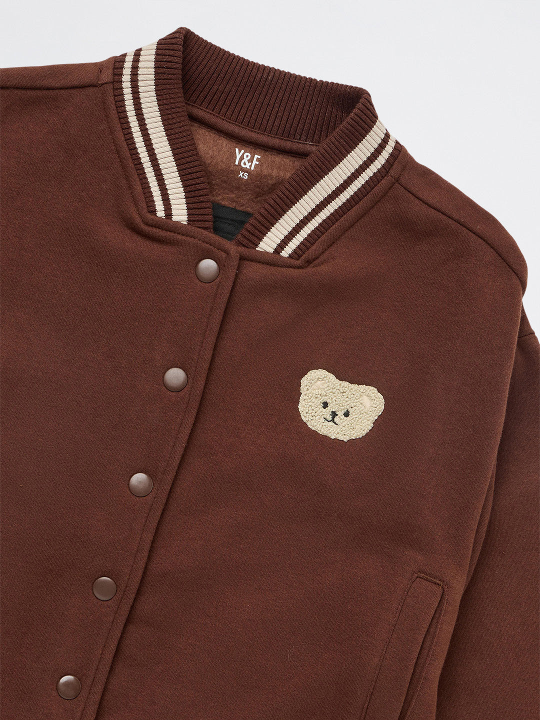 Girls Brown Teddy Detail Cotton-Blend Varsity Jacket