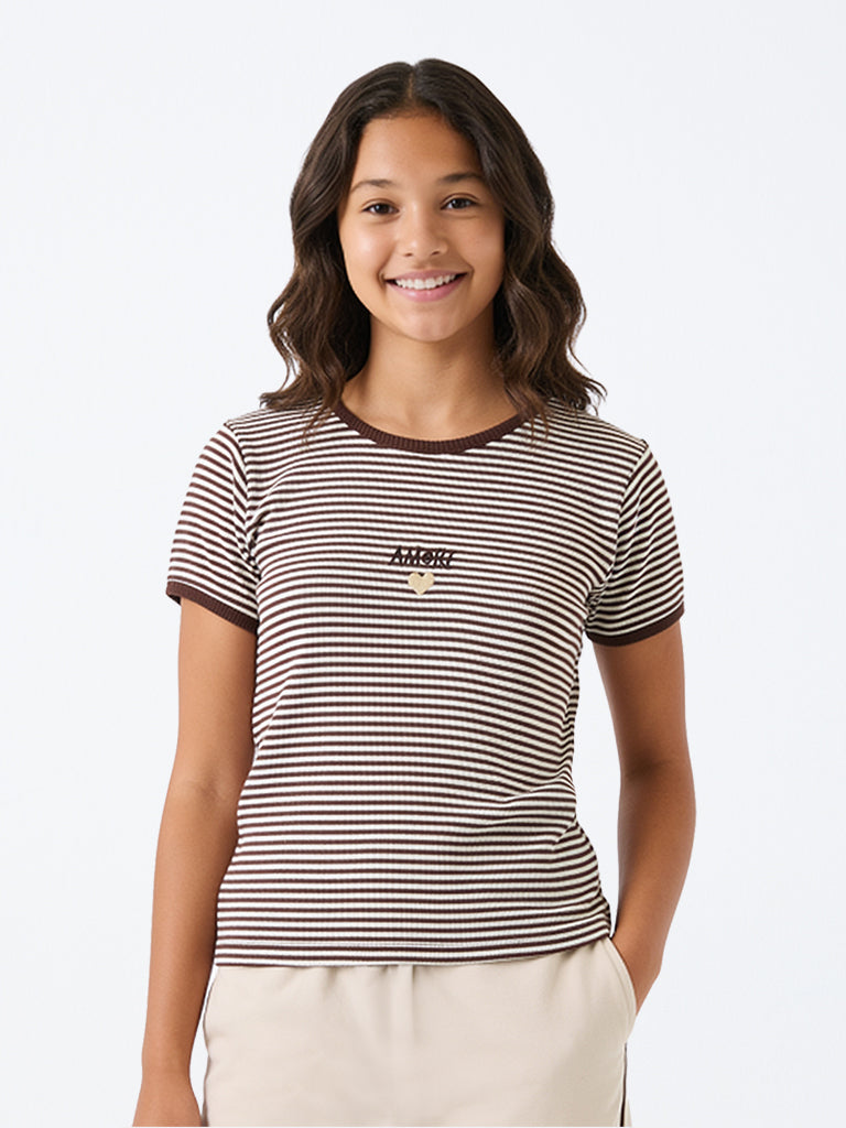 Girls Brown Striped Cotton-Blend T-Shirt