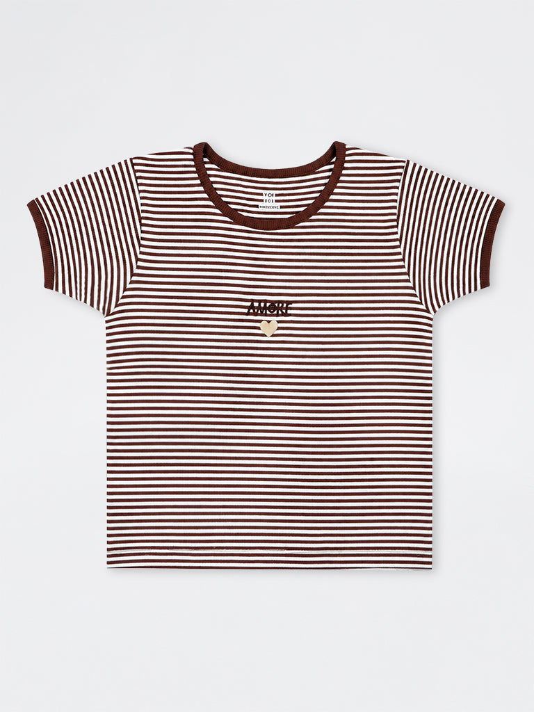 Girls Brown Striped Cotton-Blend T-Shirt