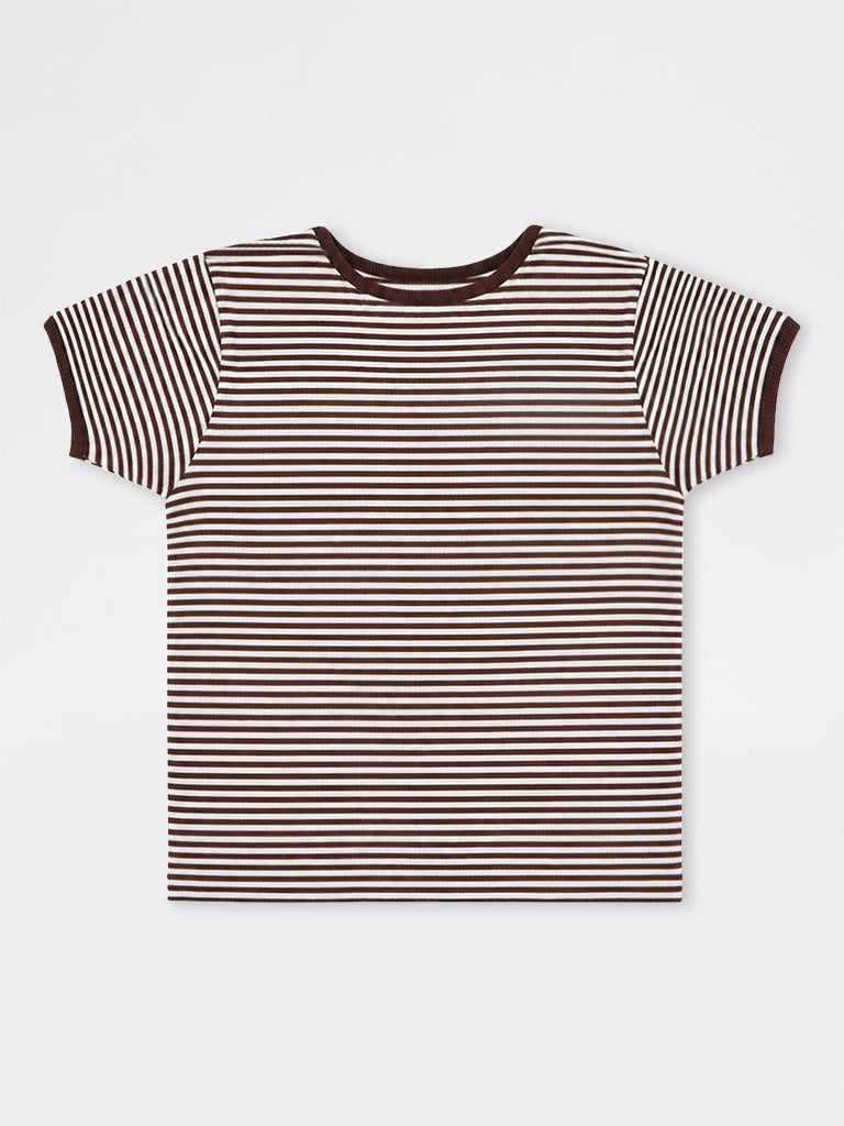 Girls Brown Striped Cotton-Blend T-Shirt