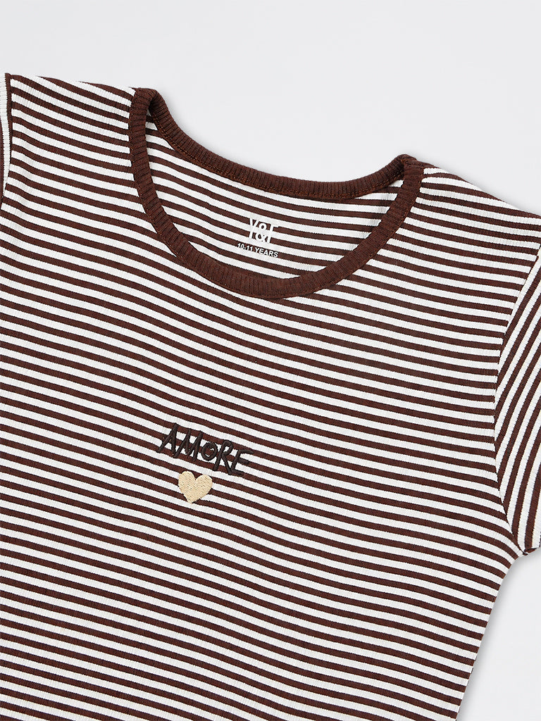 Girls Brown Striped Cotton-Blend T-Shirt