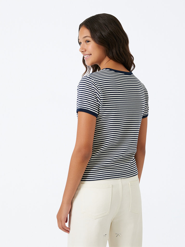 Girls Navy Striped Cotton-Blend T-Shirt