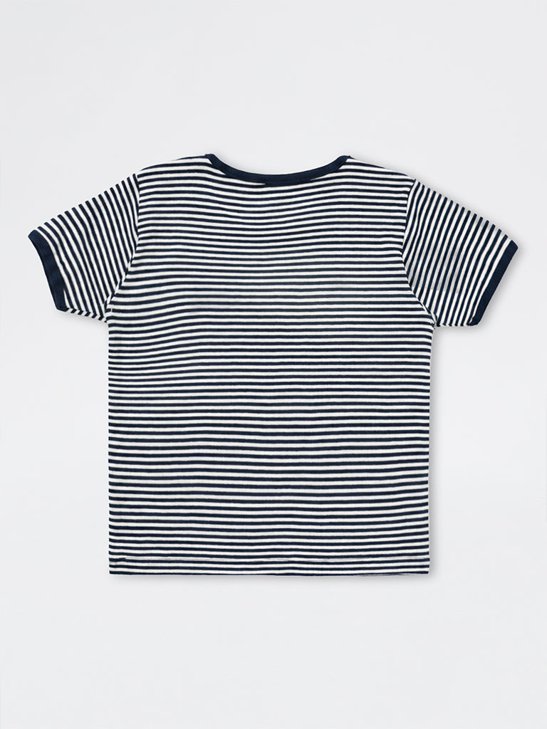 Girls Navy Striped Cotton-Blend T-Shirt