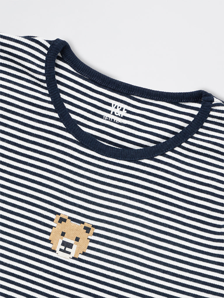 Girls Navy Striped Cotton-Blend T-Shirt