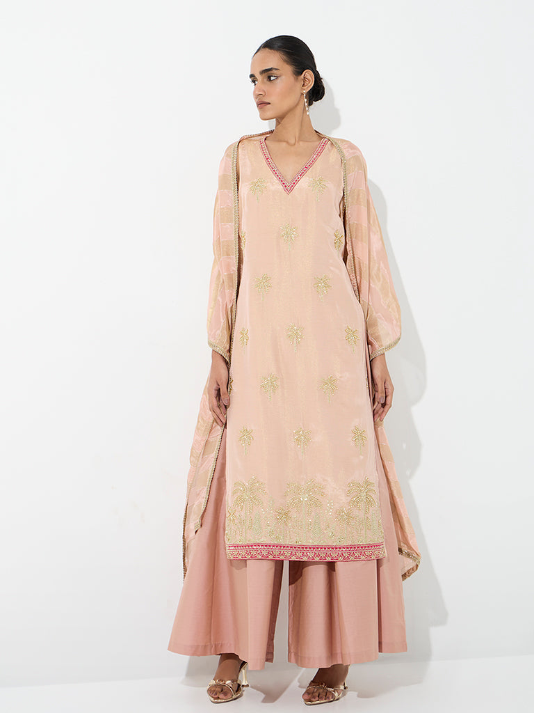 Vark Pink Tropical Embellished Straight Kurta and Flared Palazzos Set