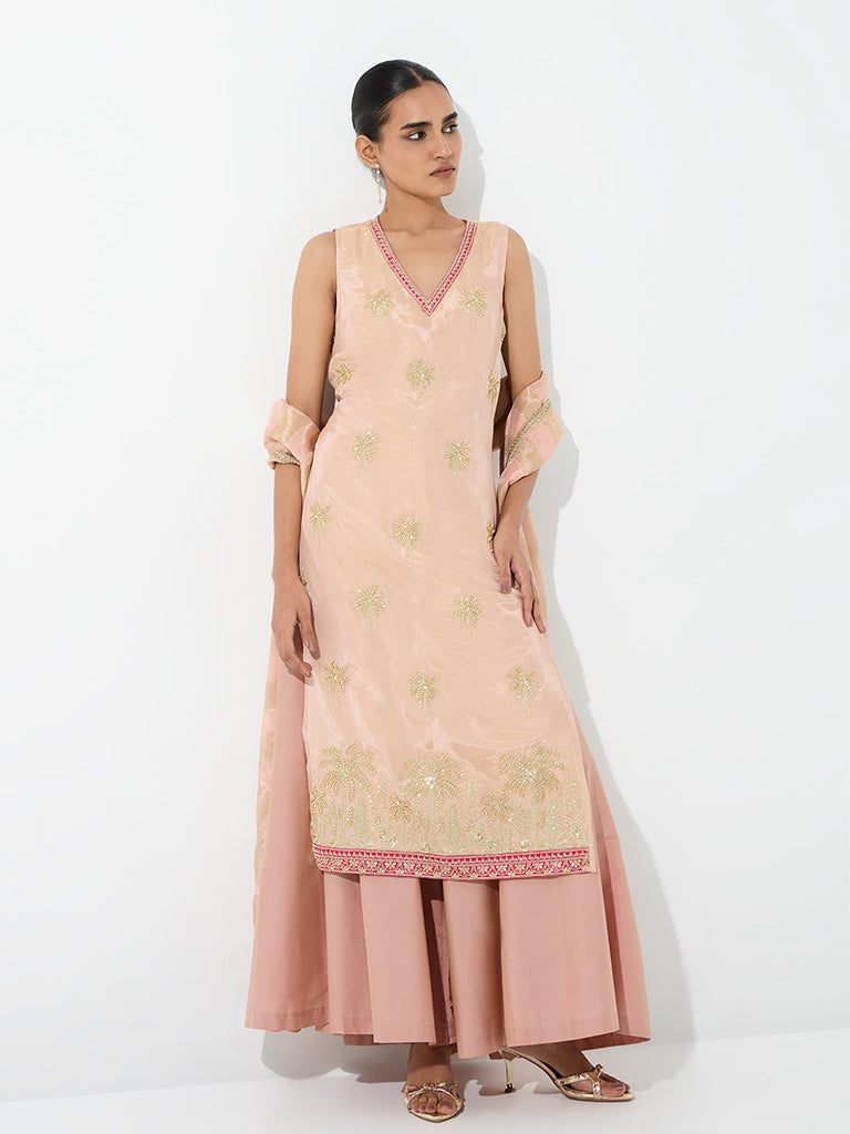 Vark Pink Tropical Embellished Straight Kurta and Flared Palazzos Set