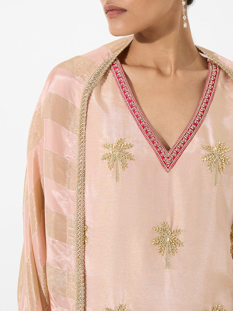 Vark Pink Tropical Embellished Straight Kurta and Flared Palazzos Set