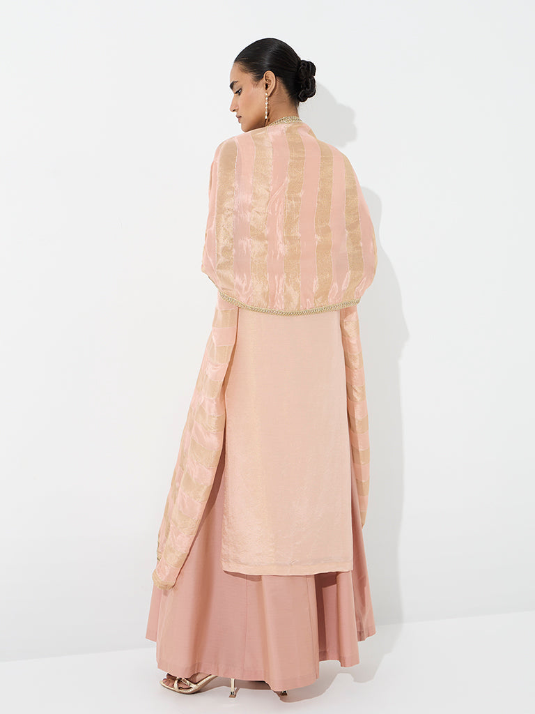 Vark Pink Tropical Embellished Straight Kurta and Flared Palazzos Set