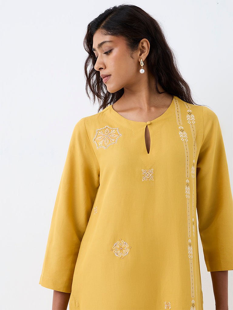 Zuba Mustard Floral Embroidered A-Line Kurta