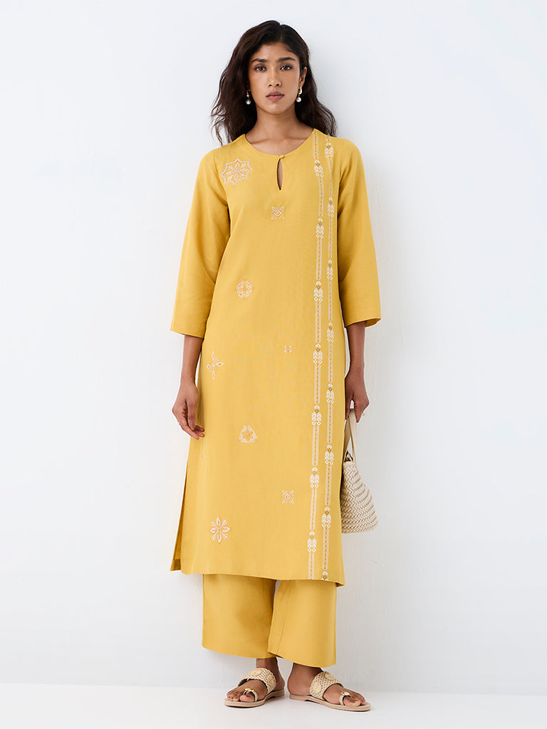 Zuba Mustard Floral Embroidered A-Line Kurta