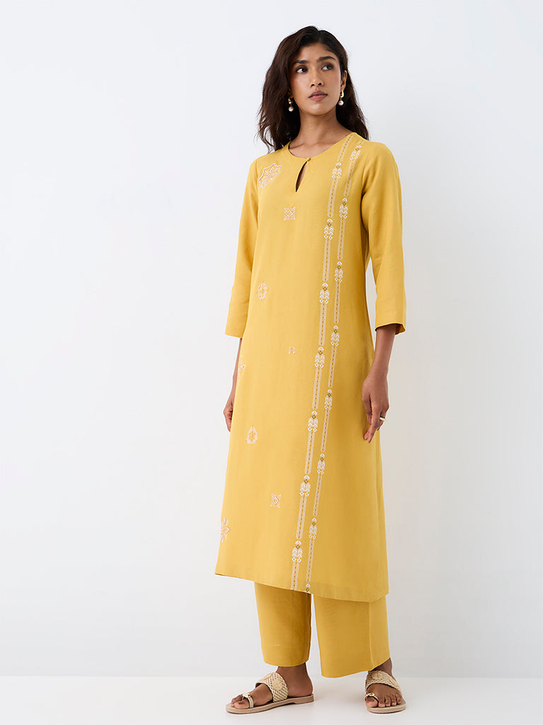 Zuba Mustard Floral Embroidered A-Line Kurta