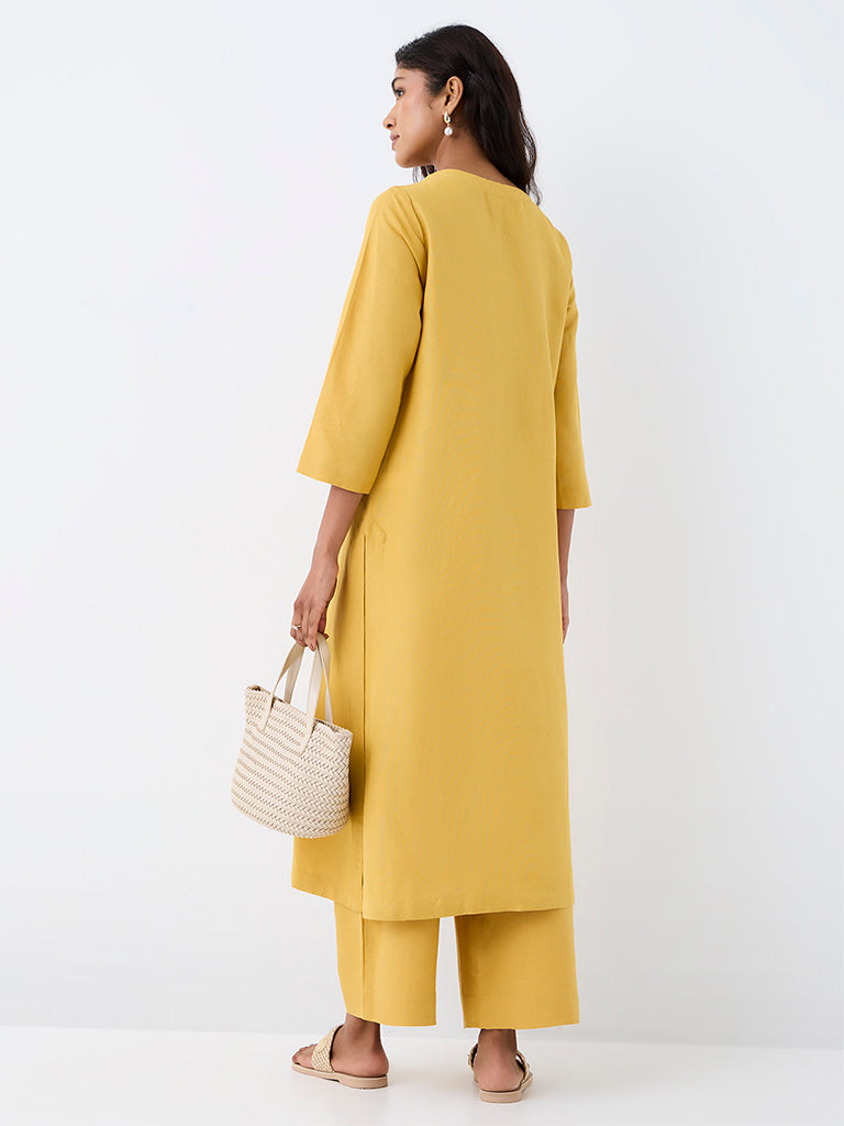 Zuba Mustard Floral Embroidered A-Line Kurta