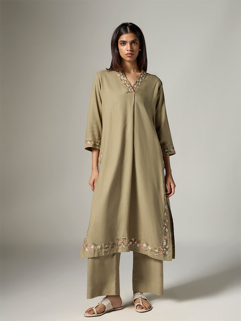 Zuba Sage Floral Embroidered A-Line Kurta