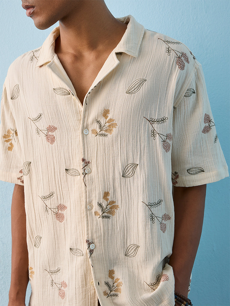 ETA Off-White Floral Embroidered Relaxed-Fit Cotton Shirt