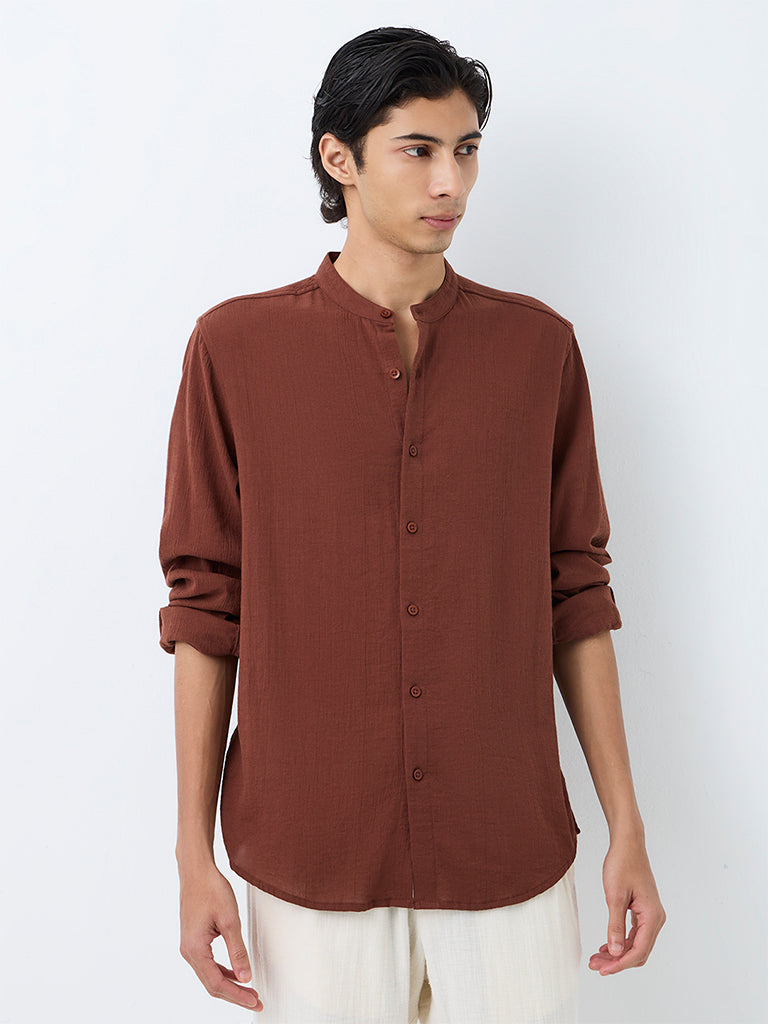 ETA Dark Rust Crinkle-Textured Relaxed-Fit Cotton Shirt