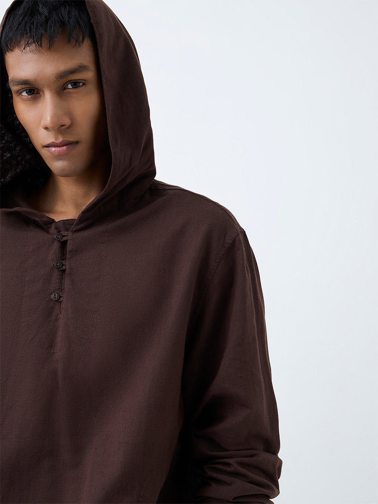 ETA Dark Brown Solid Relaxed-Fit Cotton-Blend Hooded Shirt