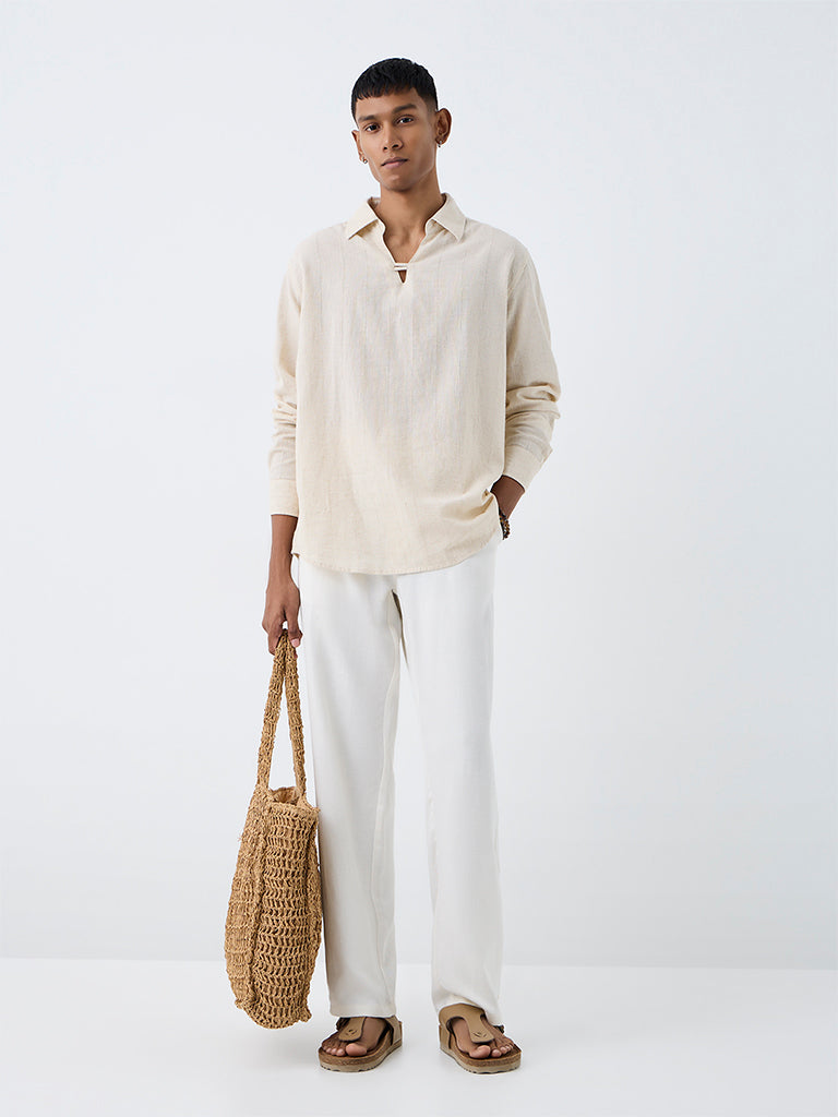 ETA Light Beige Striped Relaxed-Fit Cotton-Blend Shirt