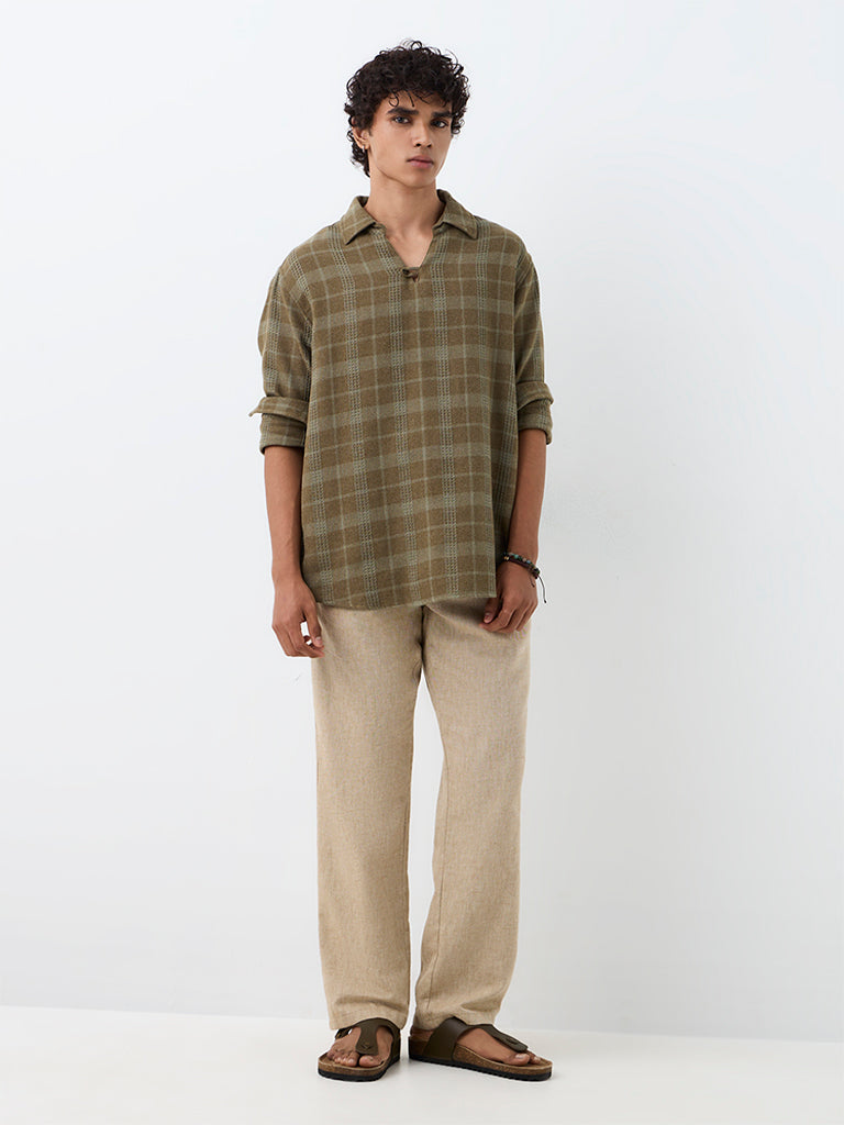ETA Olive Checkered Relaxed-Fit Cotton-Blend Shirt