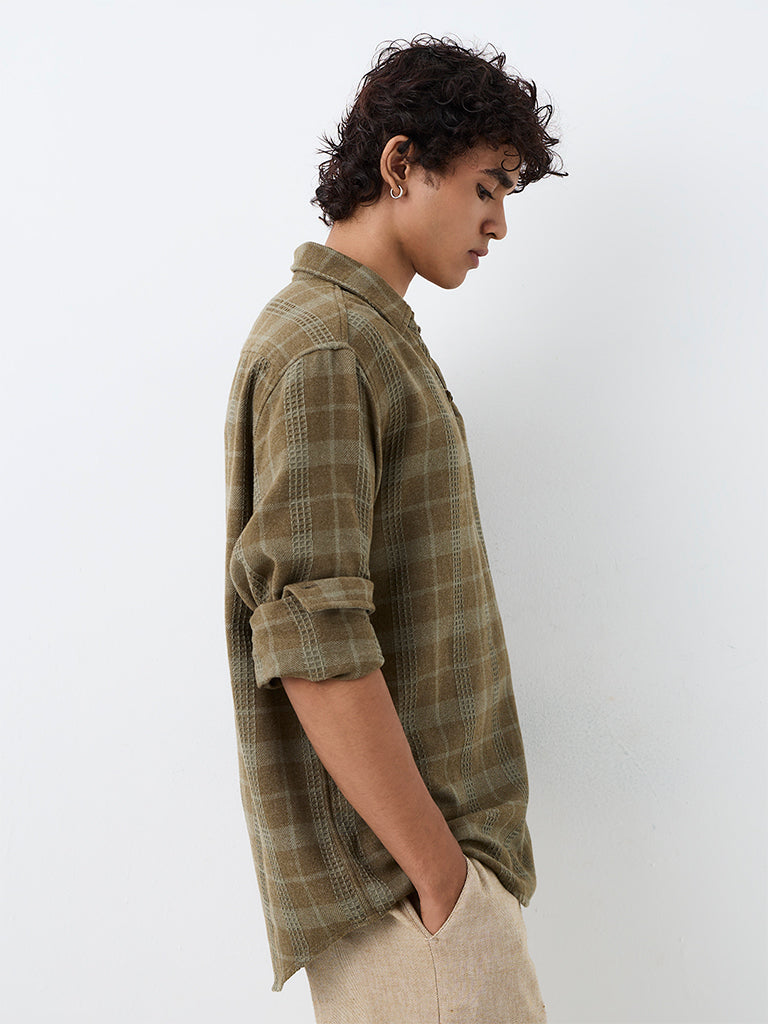 ETA Olive Checkered Relaxed-Fit Cotton-Blend Shirt