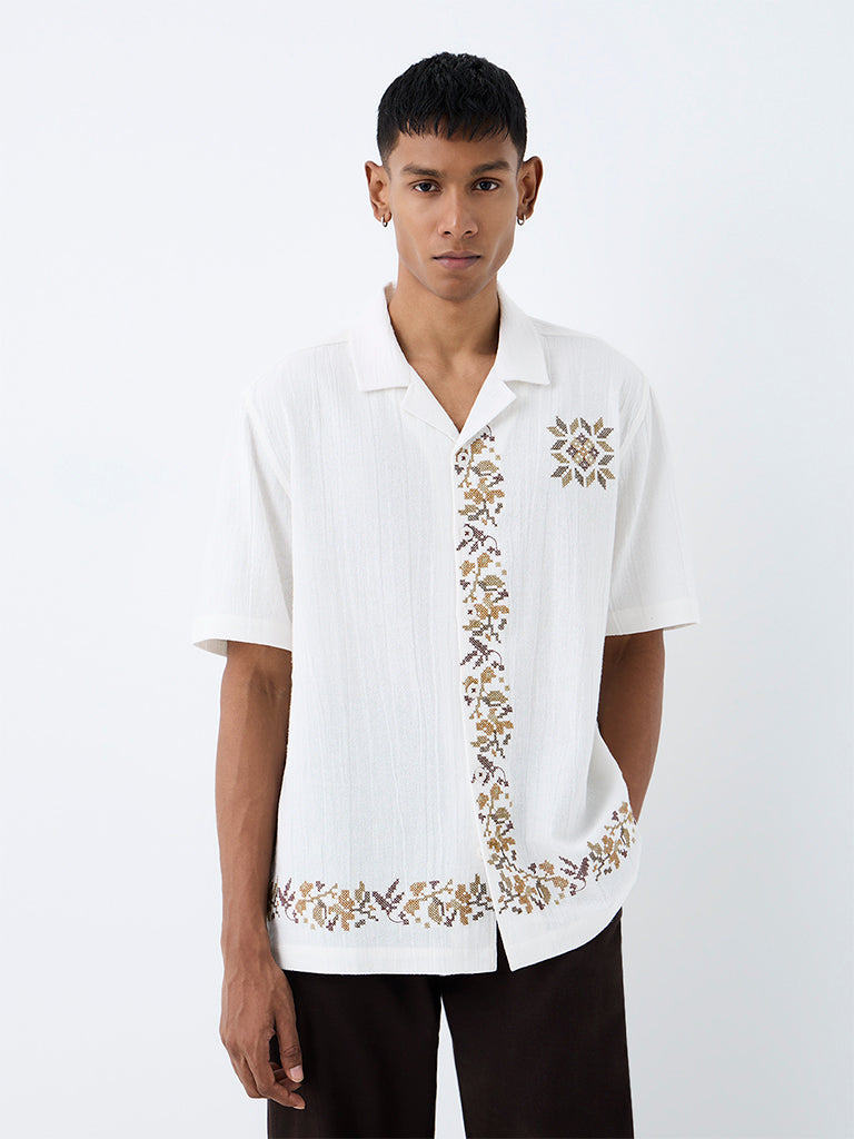ETA White Embroidered Relaxed-Fit Cotton Shirt