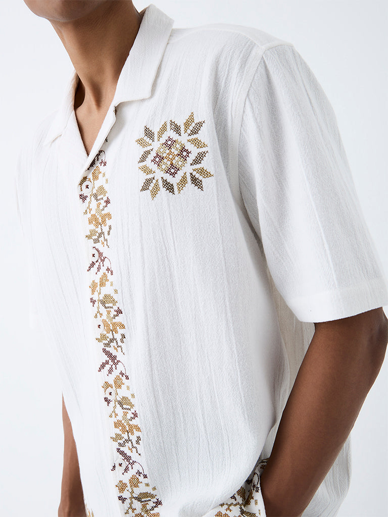 ETA White Embroidered Relaxed-Fit Cotton Shirt