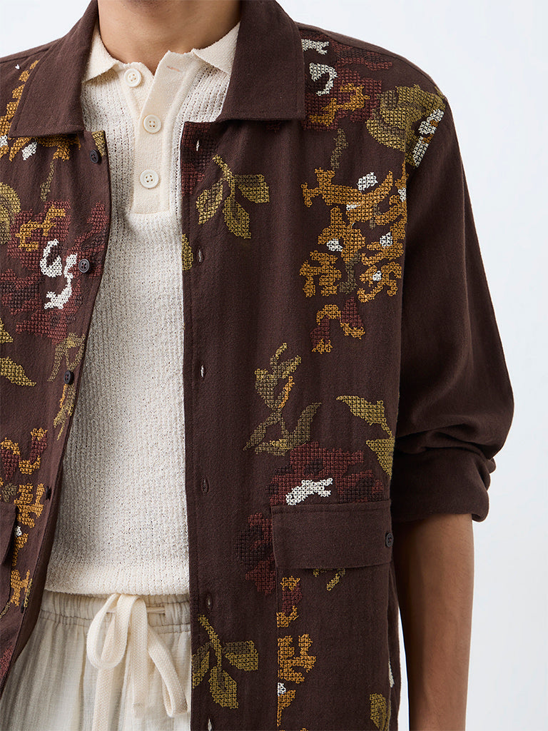 ETA Dark Brown Floral Embroidered Relaxed-Fit Shirt