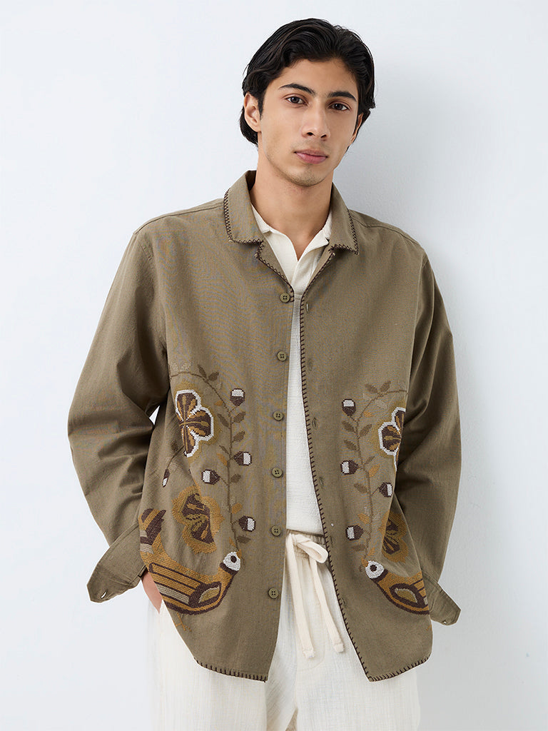 ETA Khaki Floral Embroidered Relaxed-Fit Cotton-Blend Shirt