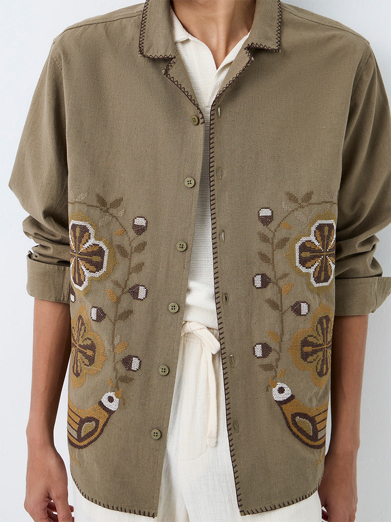 ETA Khaki Floral Embroidered Relaxed-Fit Cotton-Blend Shirt