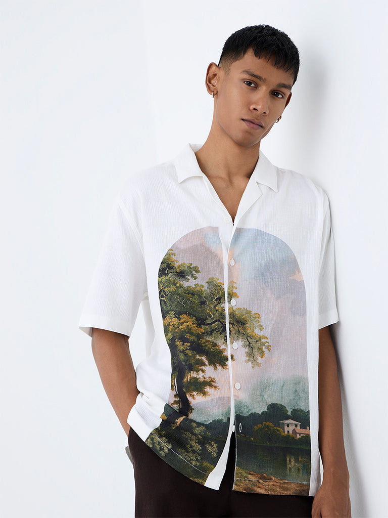 ETA White Landscape Printed Relaxed-Fit Shirt