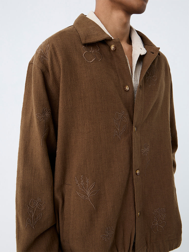 ETA Brown Floral Embroidered Relaxed-Fit Cotton-Blend Jacket