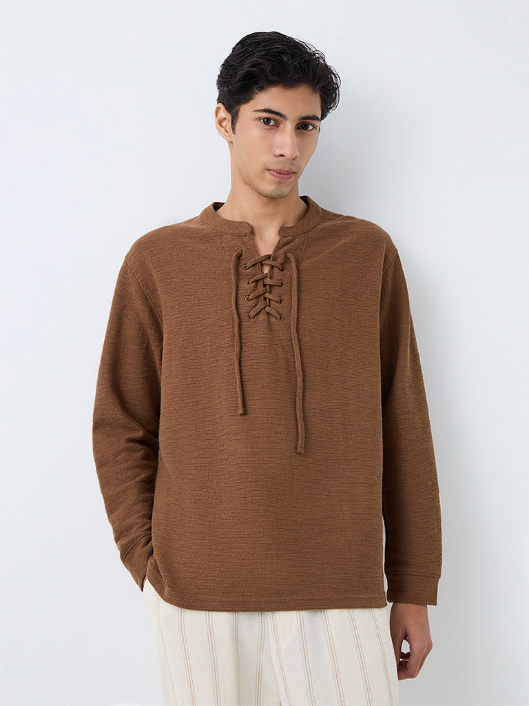ETA Brown Criss-Cross Tie-Up Relaxed-Fit Cotton-Blend T-Shirt